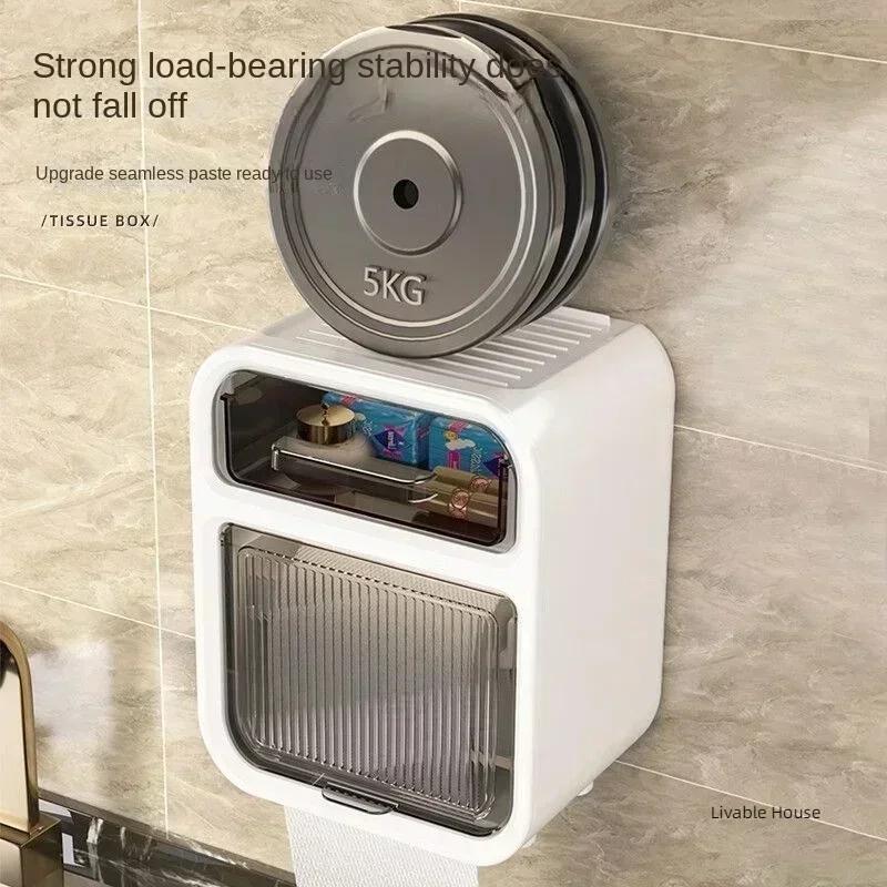 Bathroom Tissue Box  Shelf Wall-mounted with Drawer Without Drilling Waterproof Toilet Paper Box Drawer Toilet Paper Rolls