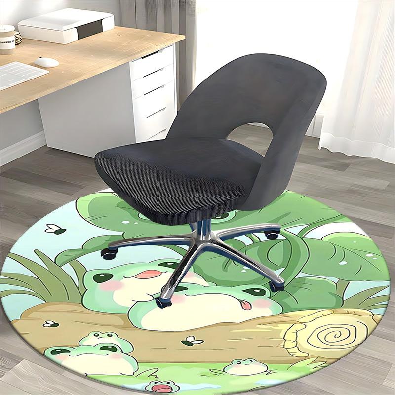 1 Stück Süße Froschfamilie Runder Teppich Anime-Design Bürostuhlmatte, Rutschfester Teppich für Heimdekoration