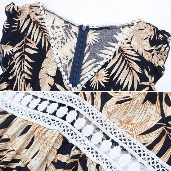 Women Vacation Dress V Neck Hollow Out Waist Irregular Patchwork Hem Leaf Print Sleeveless Back Zipper Closure Beach Boho Dress