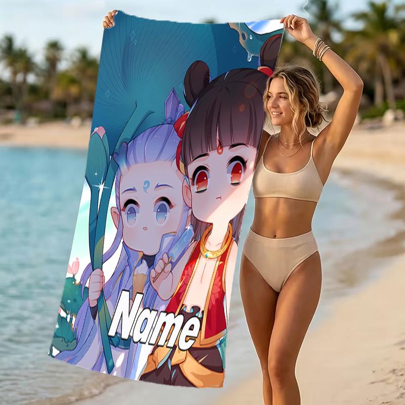 Customizable personalized beach towels Nezha Conquers the Dragon King themed designs.Suitable for the beach, yoga, sports;ideal as beach accessories