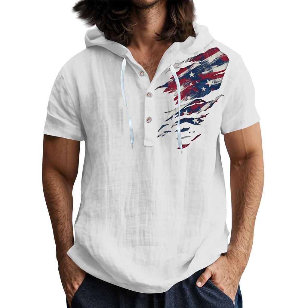 Men'S Casual Short Sleeved Hooded Top Buttoned Open Neck T-Shirt