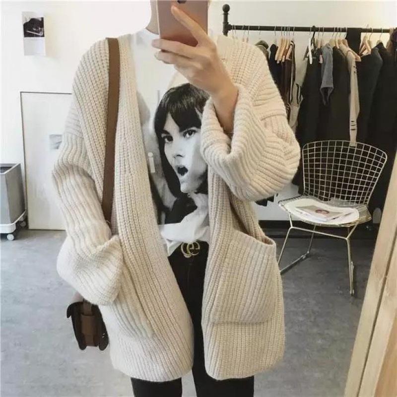 Autumn and winter medium and long loose thickened thick wool lazy wind sweater jacket female soft sister knitted cardigan