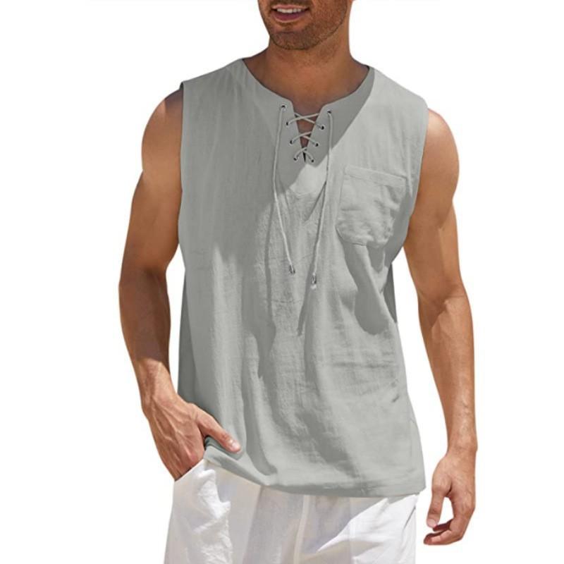 Men Crew Neck Lace Up Sleeveless Linen Tank Top Front Pocket Casual Breathable Summer Beach Vest Tops