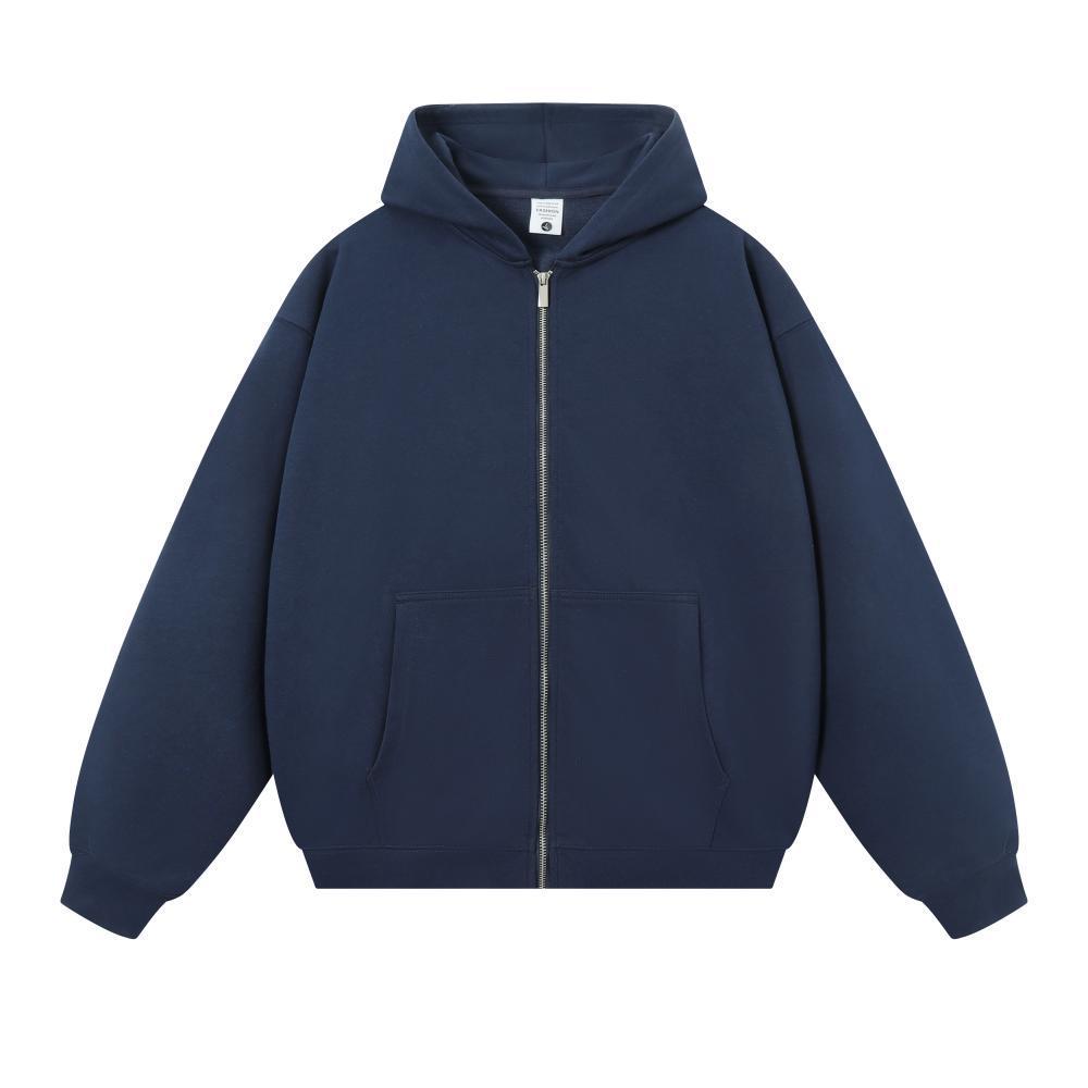 Unisex 380g Schwerer Frottee Kapuzen-Strickjacke Sweatshirt - Einfarbige Lässige Reißverschlussjacke mit Stickerei. S dunkelblau