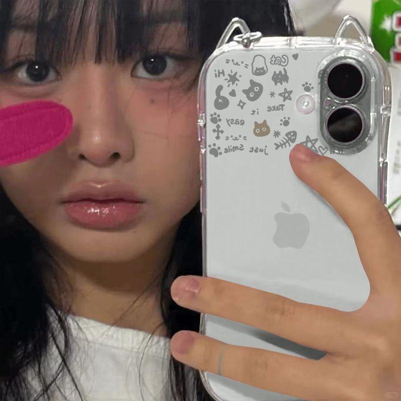 Transparent cat ears cute cat graffiti for Apple 16151413promax phone case 1211
