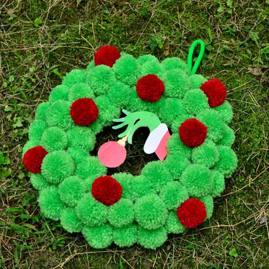 13 Inch Christmas Green Elf Wreath for Front Door Plush Pompom Ball Wreath with Wooden