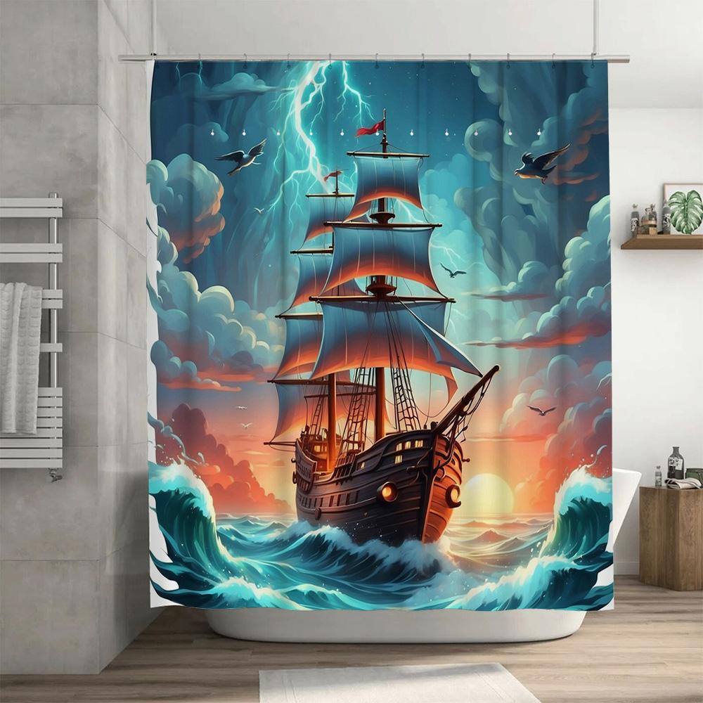 High-quality shower curtain featuring a stormy seascape with majestic ships perfect for creating an oceanic atmosphere in any ba