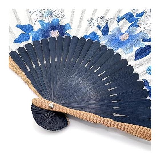 Kanzashi Fan for Women - "Tessen" (Clematis) Design - Includes Fan Case - White and Indigo Blue - 21cm [1061 Tessen]
