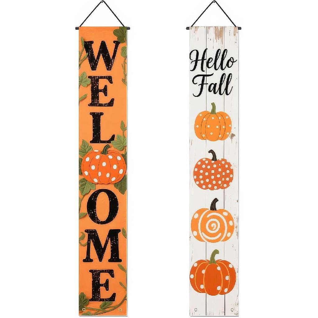 2pcs Thanksgiving Turkey Porch Banner Sign Set 12x71 Inch Autumn Thanksgiving Doors Decoration Fall Welcome Sign Pumpkin Door Banners for