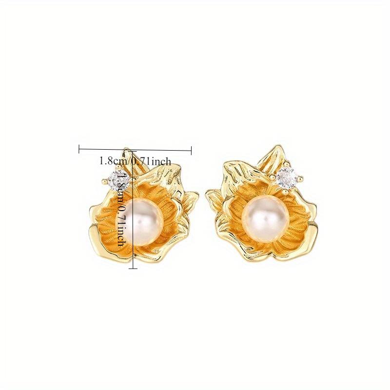 1 Pair of Fashionable Synthetic Zircon and Imitation Pearl Shell Flower Earrings, Fashionable French Retro Light Luxury Earrings