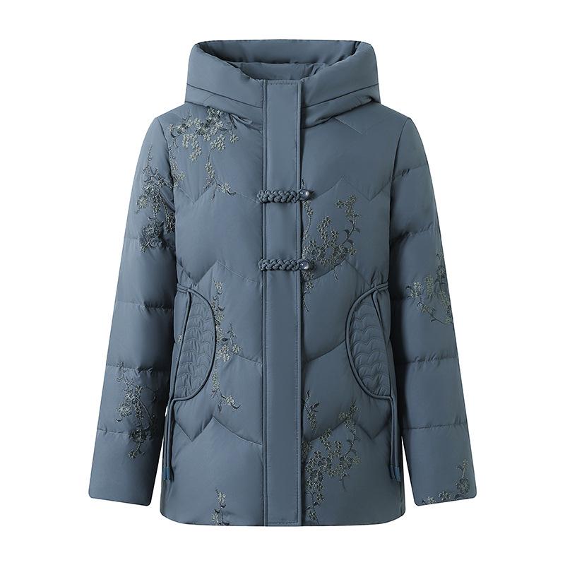 Embroidered Winter Down Jacket with Frog Buttons for Elderly Women