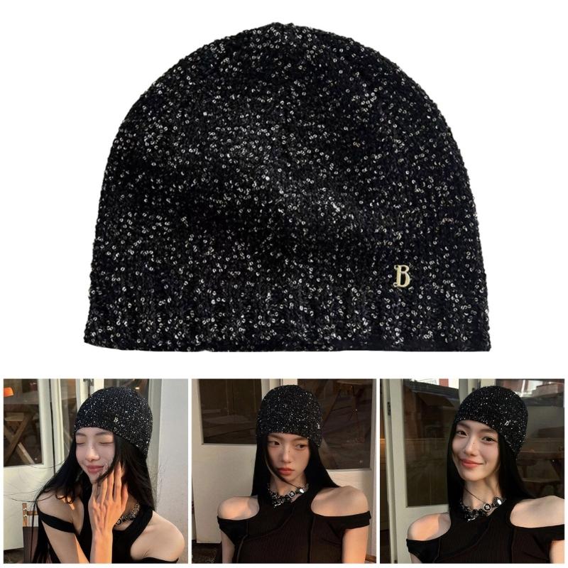 Knitted Hat for Women Men Harajuku Sequined Hat Handmade Crochet Hat Cool Girls Boy Hiphop Hat Outdoor Activity Headwear
