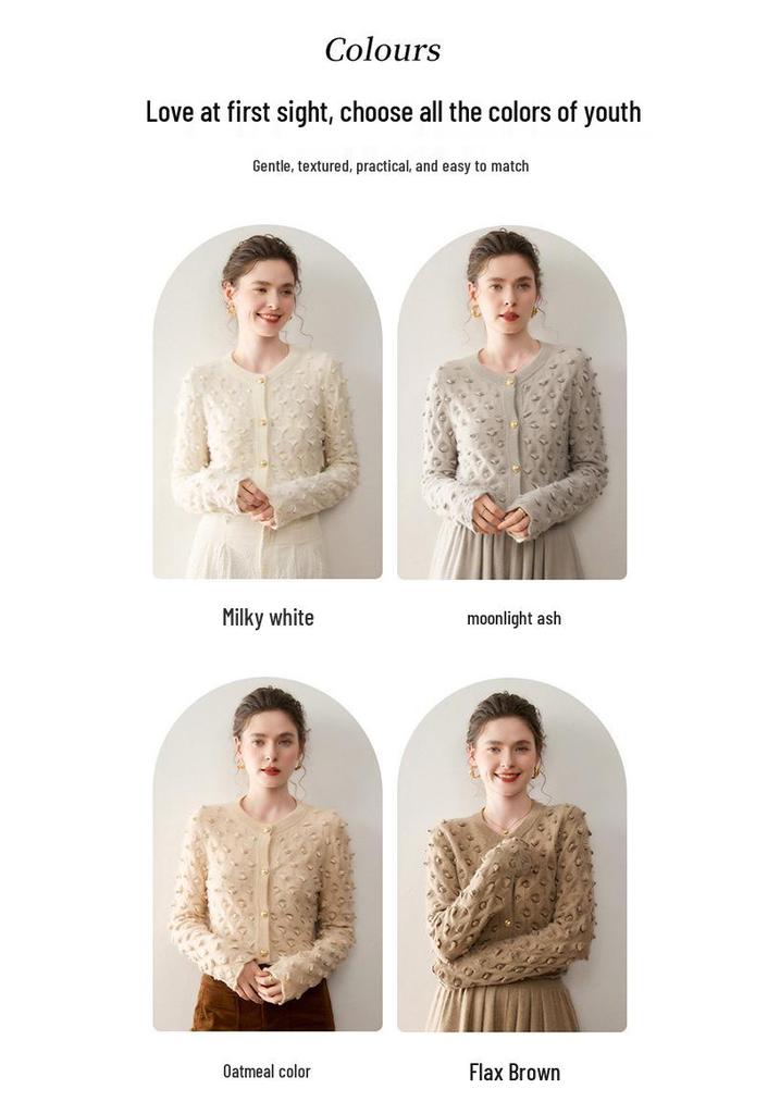 Lightweight & Chic: Autumn/Winter 12-Gauge Cashmere Round Neck Hollow Knit Cardigan with Raised Dots