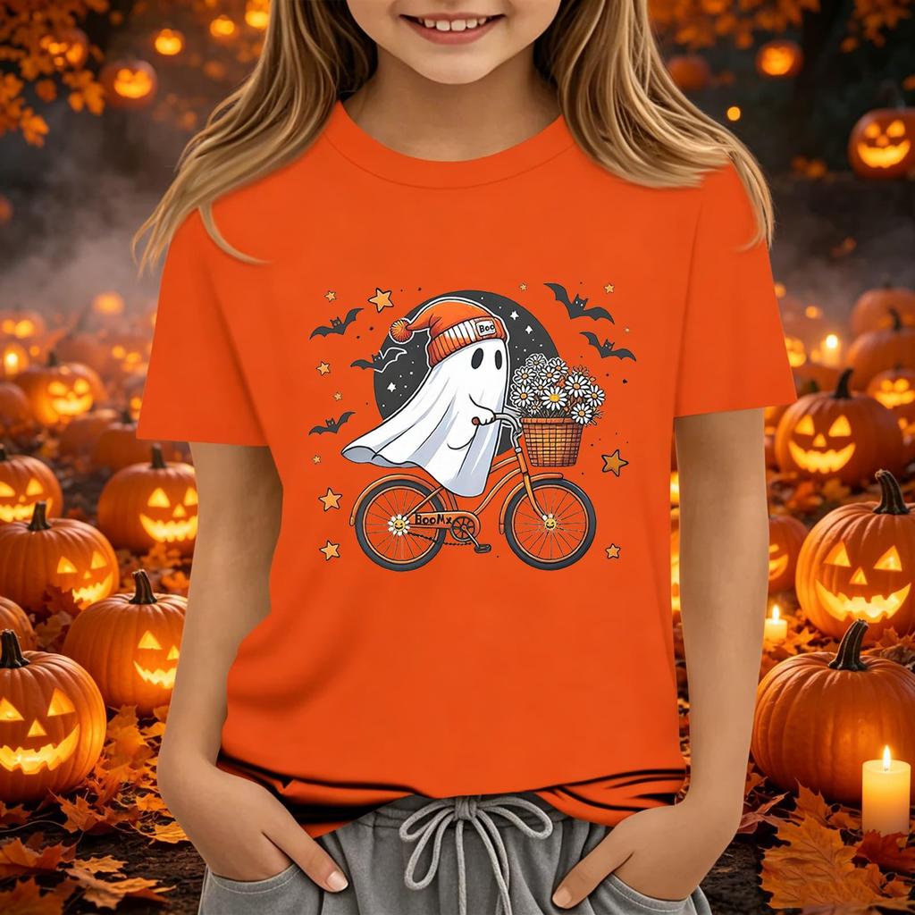 Kids Halloween Printed Short Sleeve T-Shirt, Round Neck Loose Fit Top for Boys Girls Casual Wear