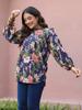 Blue Floral Print Mandarin Collar Cotton Top