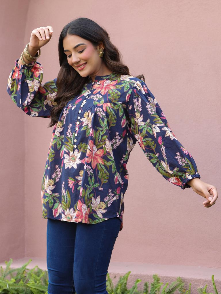 Blue Floral Print Mandarin Collar Cotton Top