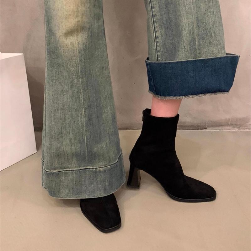 Autumn Winter Vintage Thick Heels Women Ankle Boots Elegant Square Toe Stripper Party Shoes Modern Short Botas Para Mujer