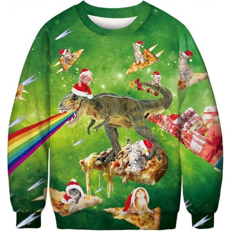 New Green Hair Monster Santa Claus 3D Digital Print Christmas Peripheral Round Neck Long Sleeved Women's Pullovers