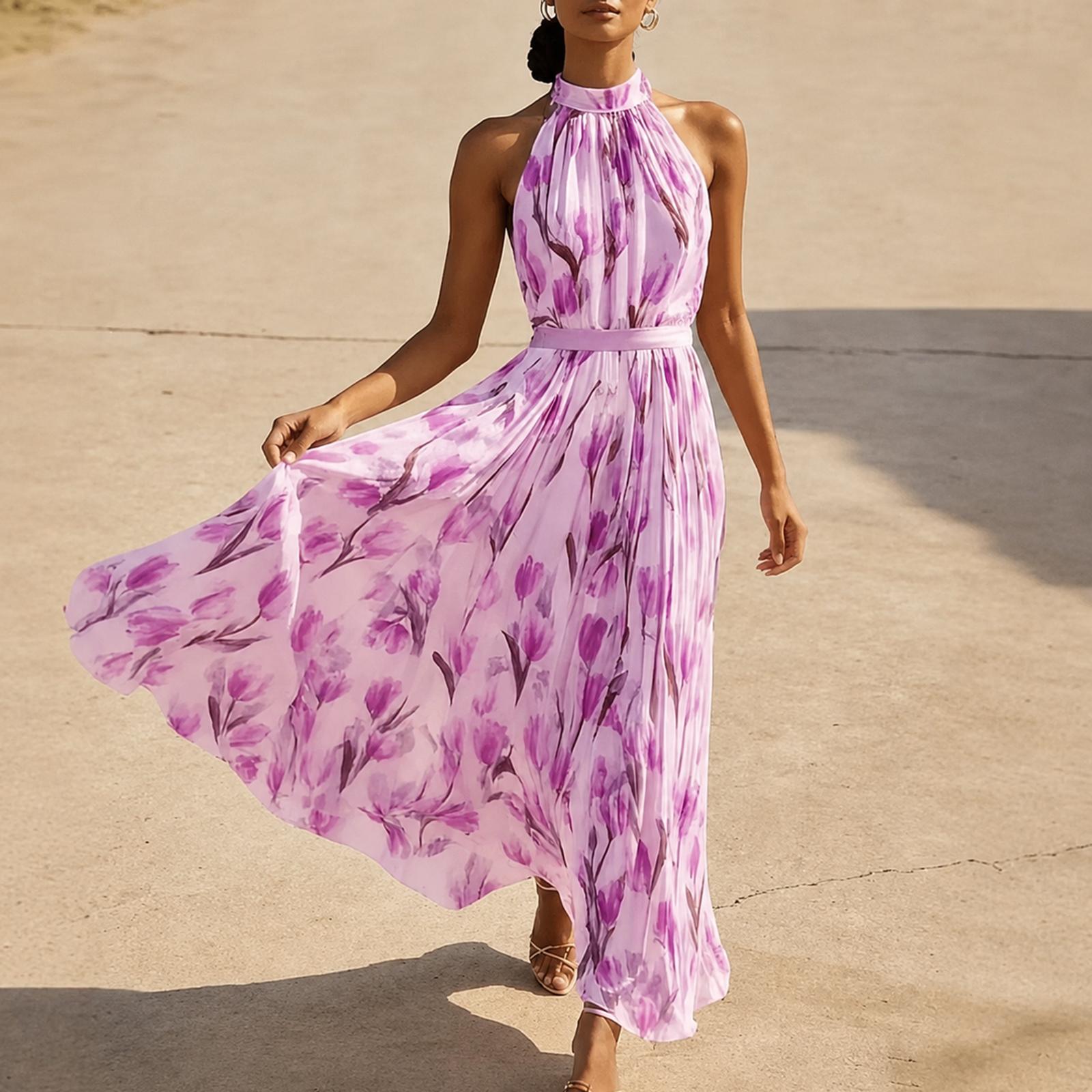 Women s Halter Neck Maxi Dress with Floral Print Sleeveless Vacation Dress Flowy Bohemian Style Summer Dress for Outdoor Events L фиолетовый