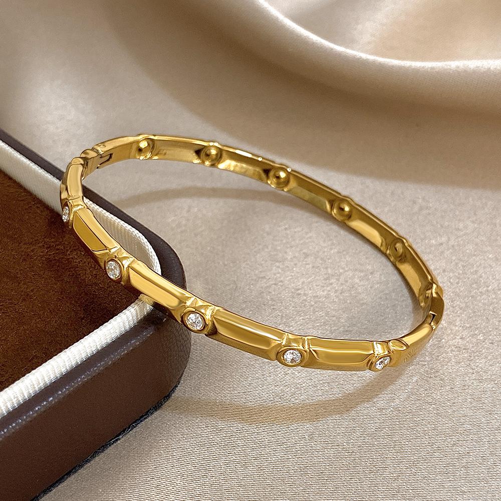 Unique Rhinestone Bamboo Stainless Steel Bracelet for Women Fashion Gold Color Stacked Cuff Bangle Bracelets Waterproof Jewelry
