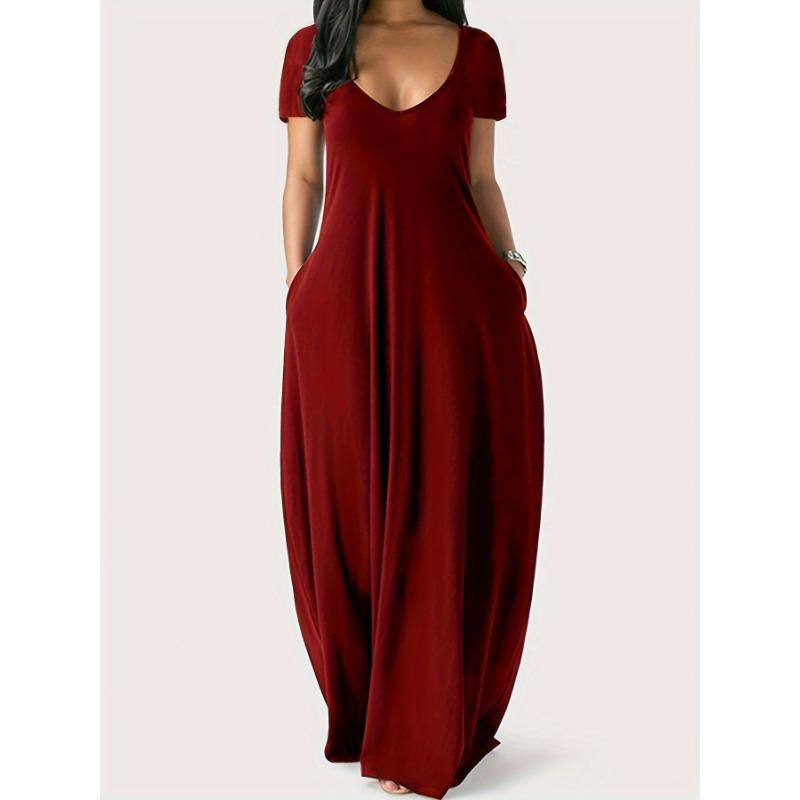 Rochie Simpla Solida, Rochie Maxi Casual Maneca Scurta Cu Buzunare, Imbracaminte Femei