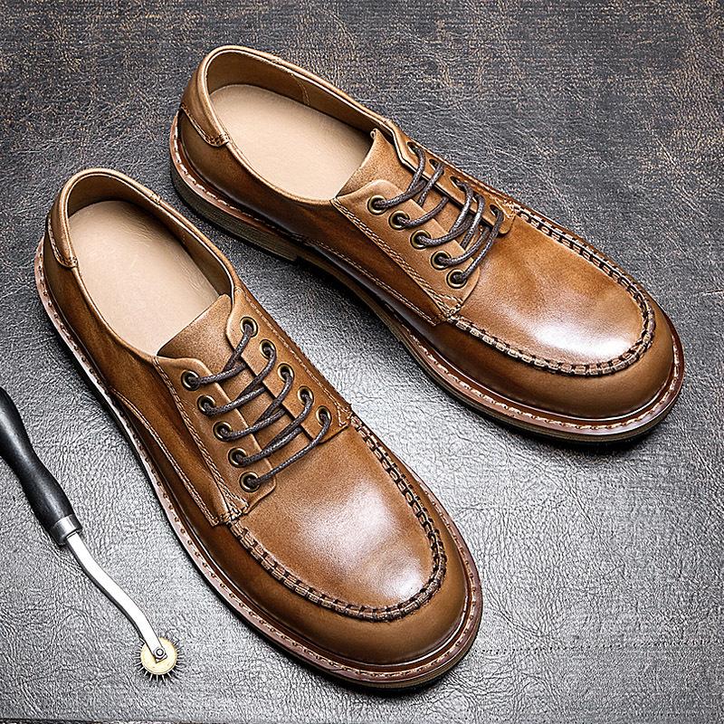 Men'S Business Dress Leather Shoes British Round Head Versatile Casual Korean Version Men'S Shoes Wedding Shoes Lace-Up Pure Handmade Single Shoes