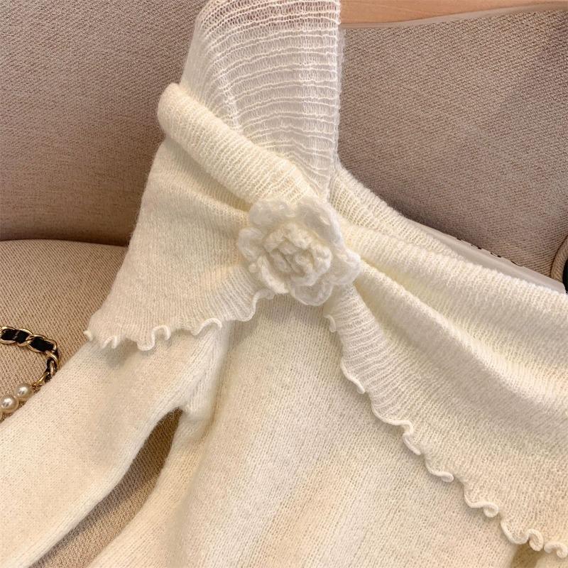 Sweet 3D Floral Off Shoulder Knit Sweater Women Winter Elegant Lace Trim Tops