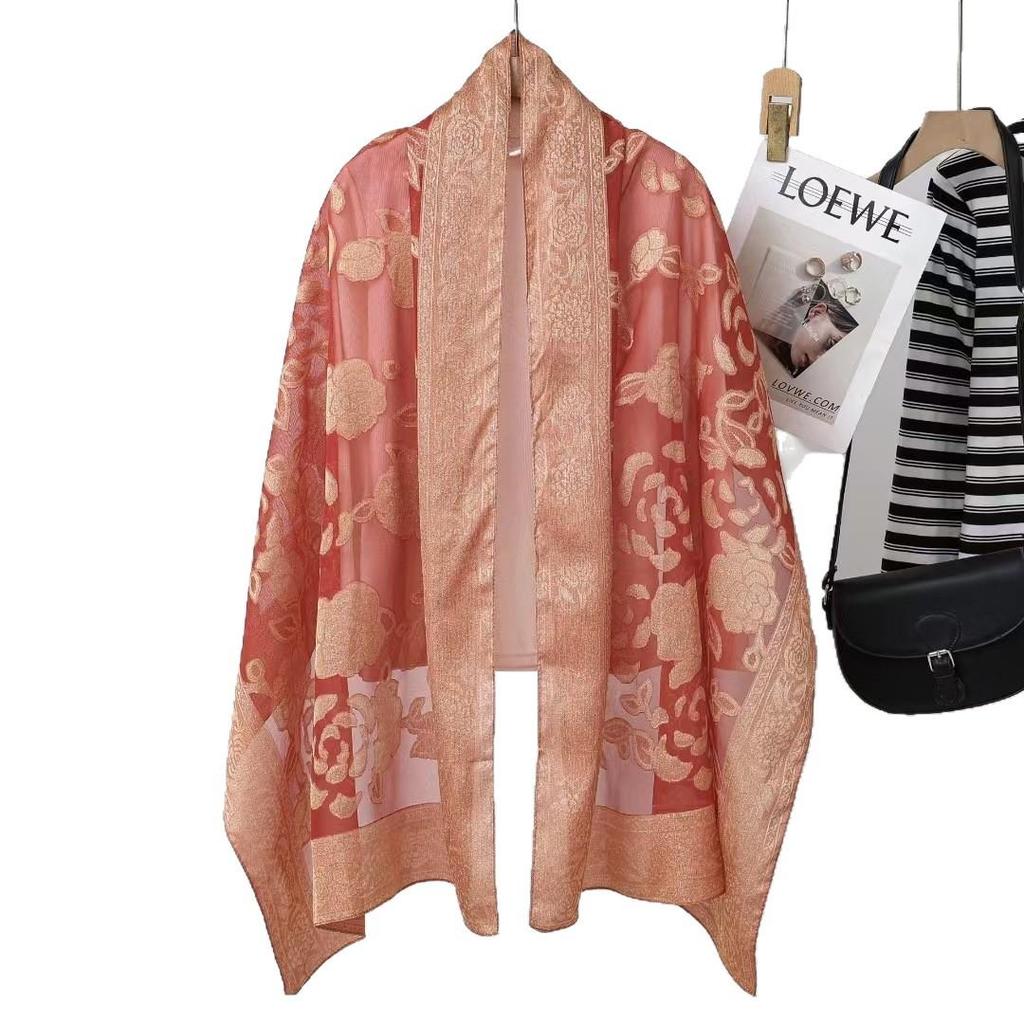 2025 New Women's Chinese-Style Rose Cut-Out Imitation Silk Shawl: Lightweight Summer Sun Protection Scarf