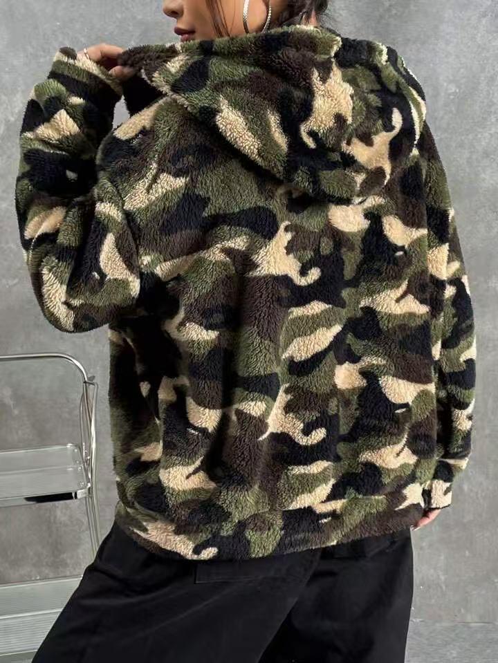 European & American Double-sided Camouflage Plush Zipper Hooded Women's Autumn/Winter Cardigan Coat