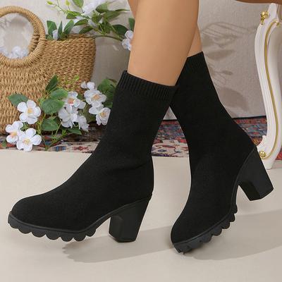 Mode Dames Kuitlengte Gebreide Soklaarzen 2024 Herfst Dikke Hakken Instap Slanke Booties Dames Casual Zachte Gebreide Korte Laarzen Plus Size