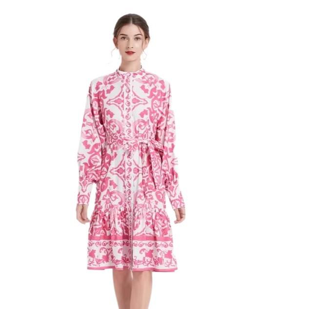 New Simian style geometric printing single-breasted small stand-up collar printing long dress
