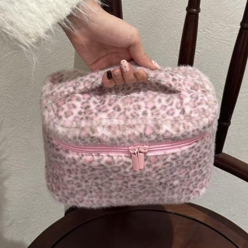 Ladies' Cosmetic Bag Plush Leopard Cute Kawaii Makeup Bag Fashion Hand-held Large Capacity Multifunctional Storage Bag Pouch
