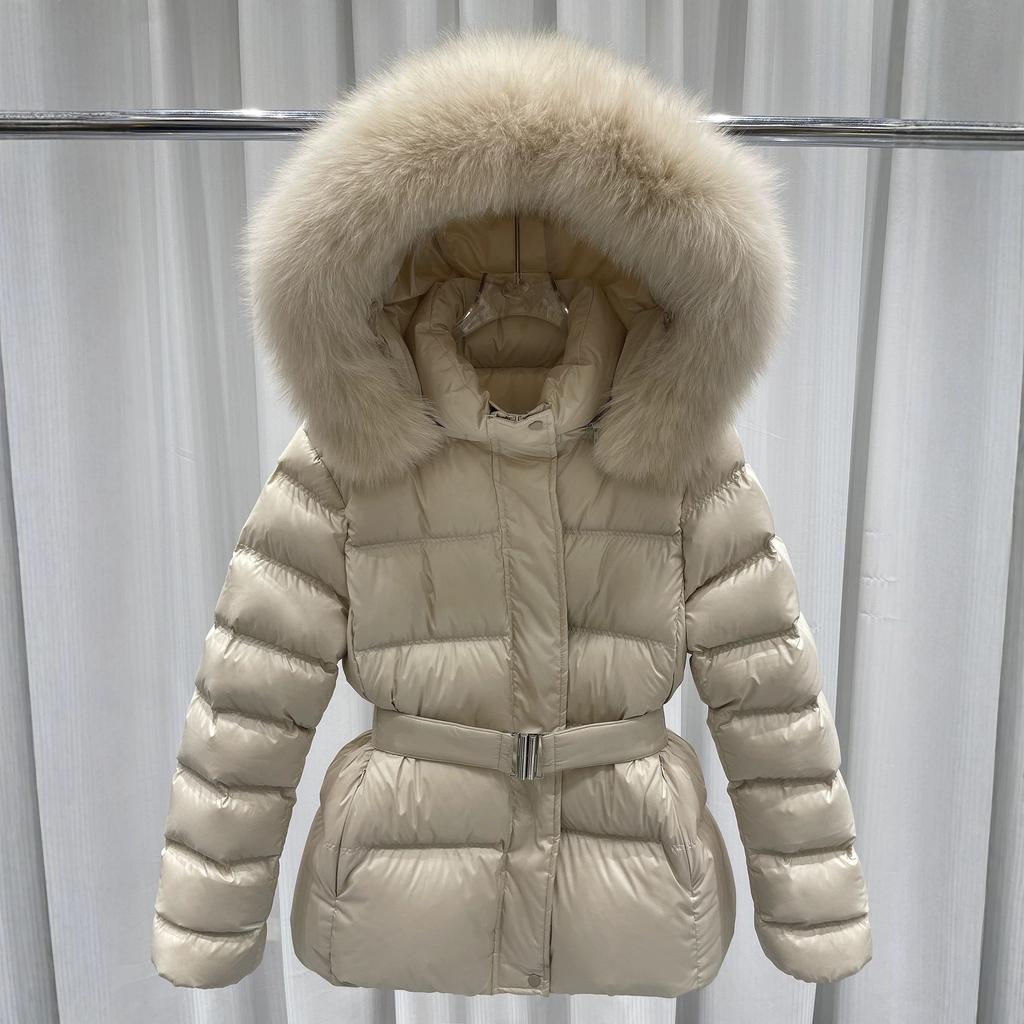 Rice tone light luxury short cotton-padded clothes women's big fur collar hooded belt waist cotton-padded jacket women's clothing offline physi