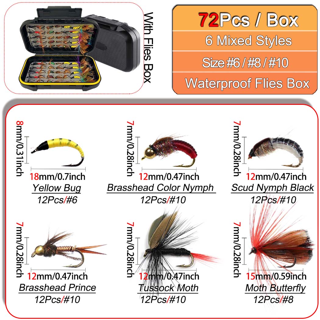 

Набор из 24-72 искусственных приманок для насекомых, с сухими/мокрыми мушками, набор мушек для ловли рыбы нахлыстом, ассортимент приманок для ловли форели и окуня с коробкой для мушек D-72Pcs-6Mixed Styles