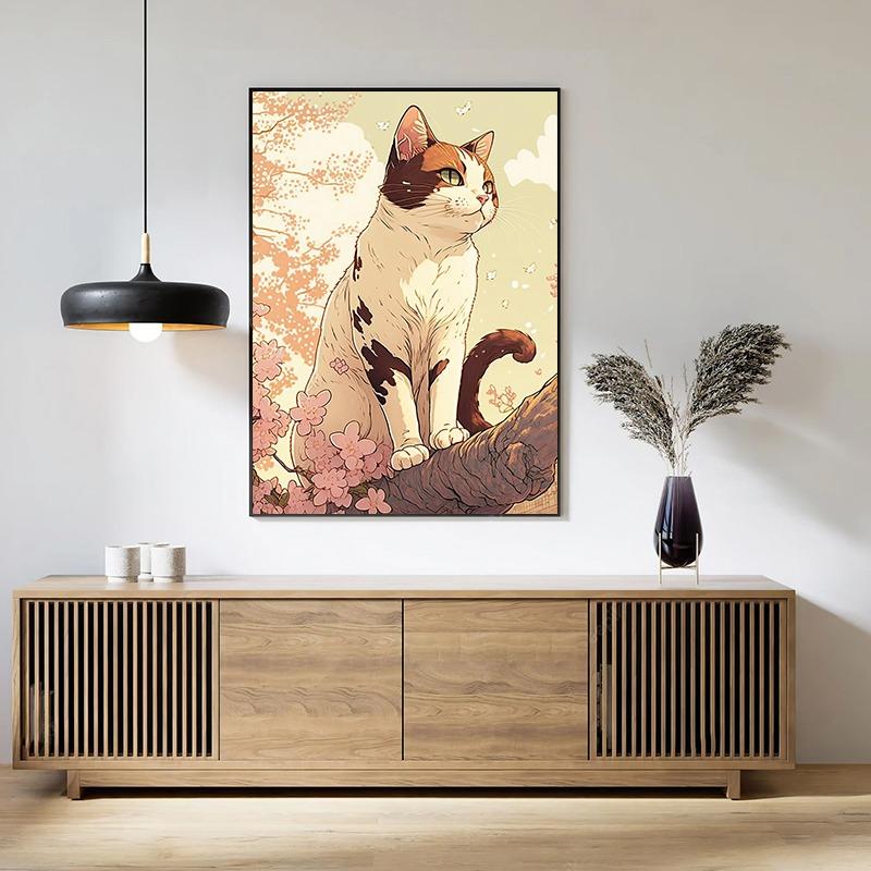 Japan Pop Art Cat Nature Cherry Blossom Landscape Canvas Poster Colorful Aesthetics Home Wall Cartoon Decor Bedroom Cafe Picture