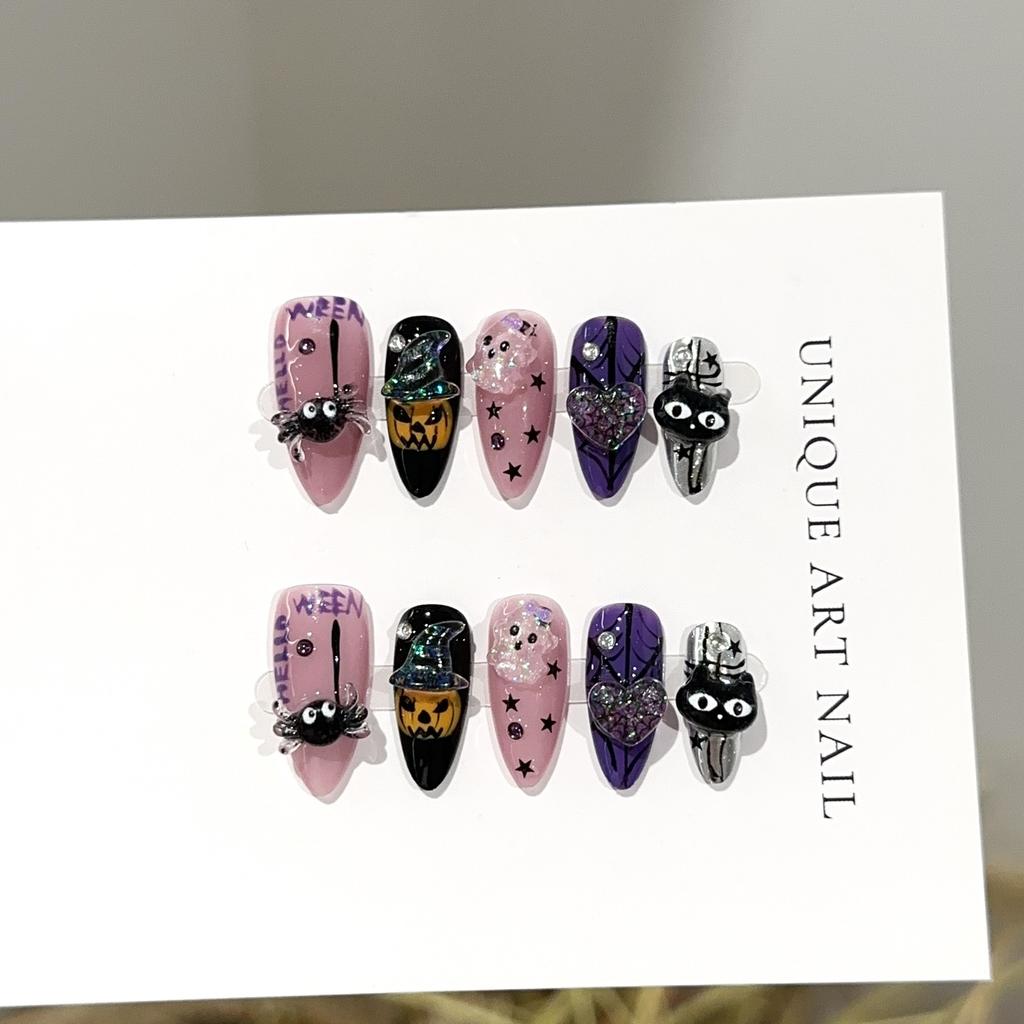 Halloween Purple Almond Press-on Nails – Hand-Painted Pumpkin, Ghost, and Spider Designs – Fully Handmade