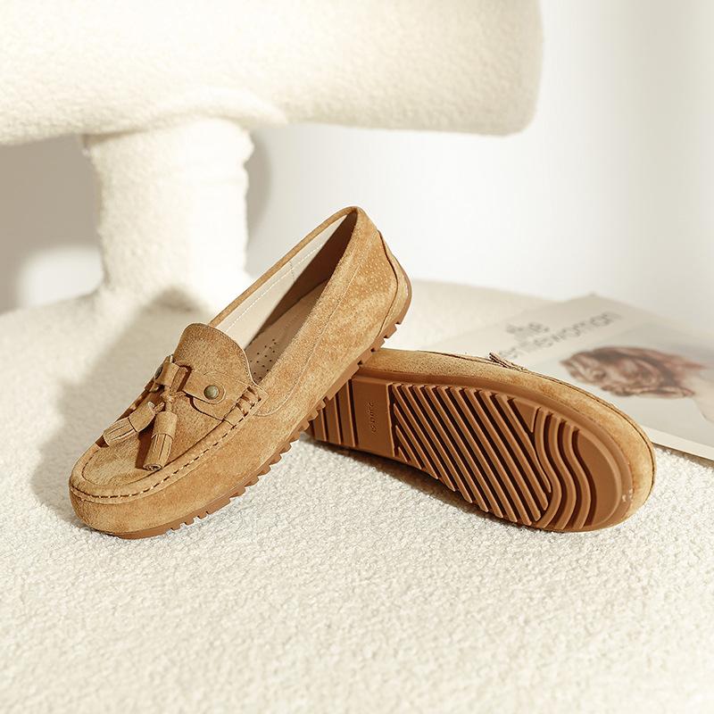 Módní Dámské Mokasíny z Pravé Kůže Semišové s Třásněmi Mujer Pohodlné Boty na Bosou Nohu Dámské Celoroční Lodičky Boty do Lodi