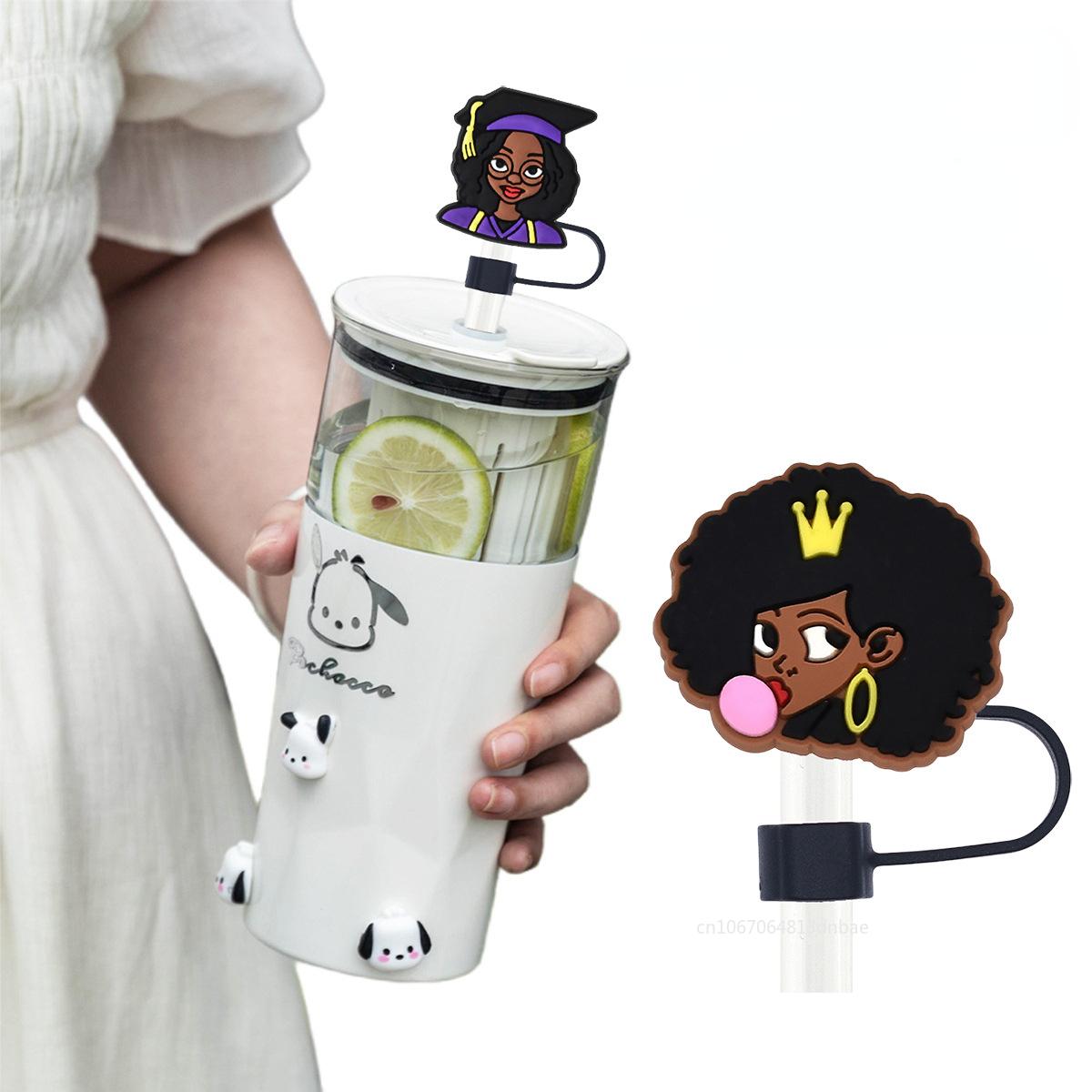 

Black Girl Straw Covers Cap Reusable Silicone Straw Toppers Compatible with Stanley Cup Spill Leak Stopper Splash Dust Proof