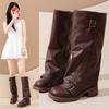 Inner Height Increase of 8cm~ Trouser Boots Women's 2025 Autumn New Thick-soled Belt Buckle Soft Leather Pleated Long Tube Knight Boots