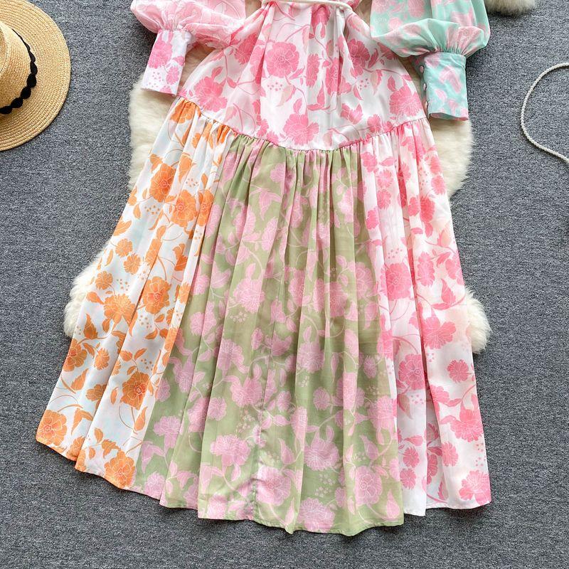 French Stand Collar Single-Breasted Long Sleeve Print Dress