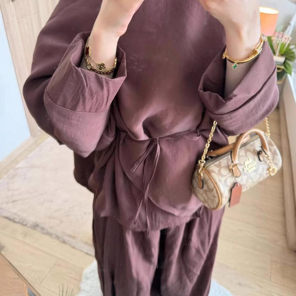 2026 Spring and Autumn New European and American Women's Clothing Cross-border Large Size Long Sleeve Lace-Up Top Suit Wide Leg Pants Two-piece Set