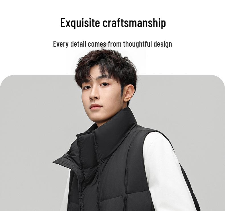 Men's Winter Down Vest: Outdoor Workwear, Stand Collar, Two-way Zip.