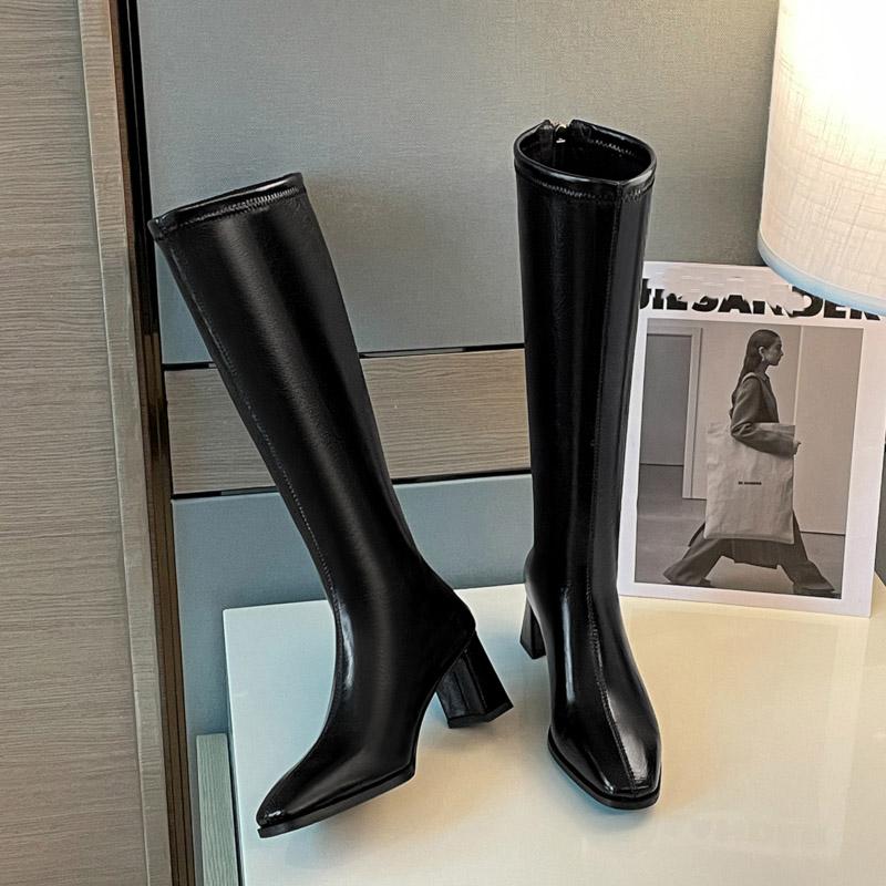 Women's High-heeled Boots Autumn and Winter New Thick-heeled Solid-color Large-size Simple Medium Boots
