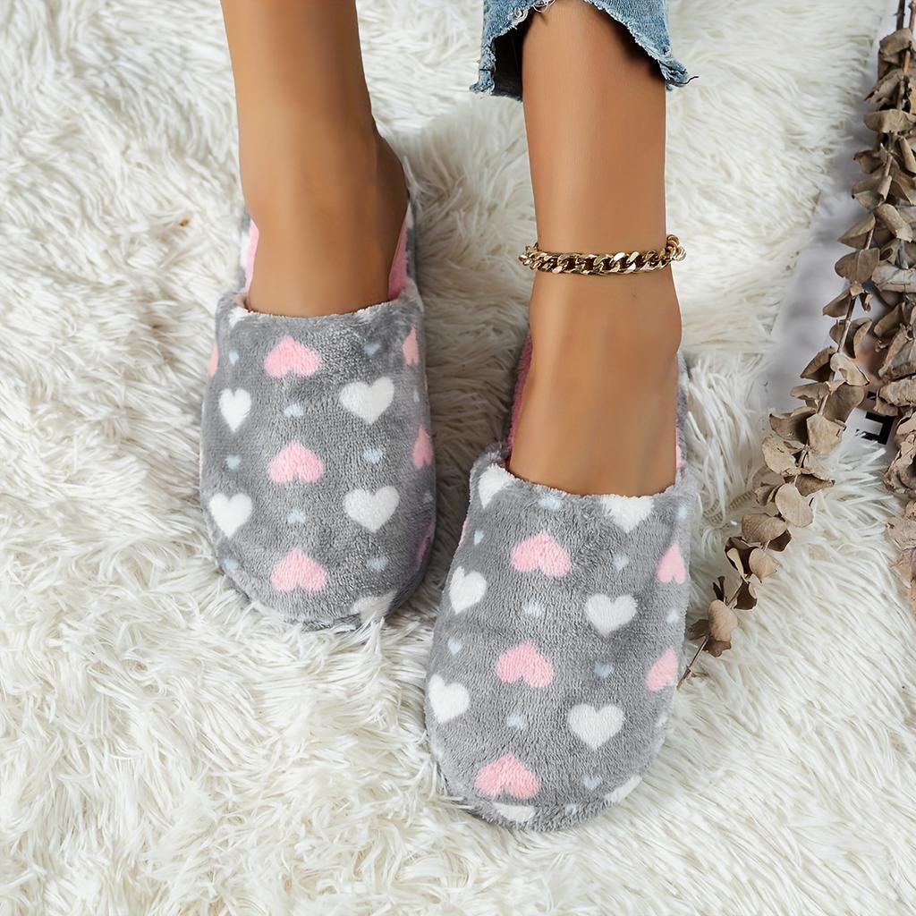 Women's Elegant Plush Slip-On Slippers with Heart Pattern Soft Cozy Indoor/Outdoor House Shoes
