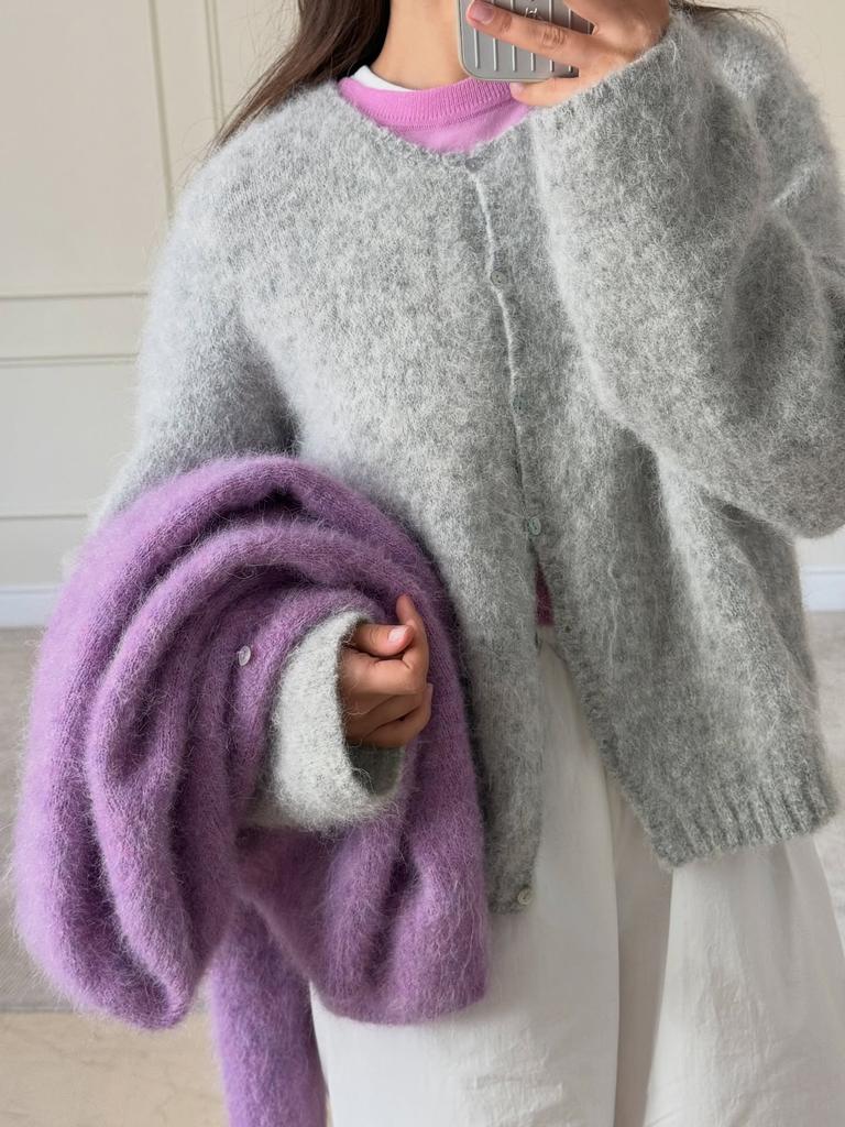 Cardigan da Donna in Lana Stile Pigro Lavorato a Maglia Girocollo Largo Giacca Corta Morbida Maglione a Manica Lunga, Beige
