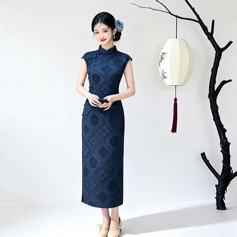 navy blue ancient full placket sleeveless plaid national style new Chinese long cheongsam improved young women's high sense