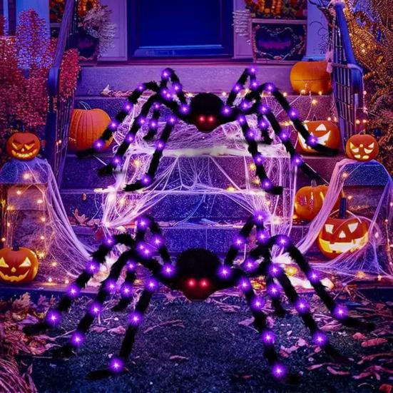 Halloweenský obří svítící pavouk Strašidelný realistický chlupatý LED pavouk s ohebnýma nohama pro vnitřní venkovní Halloweenskou zahradní domácí výzdobu