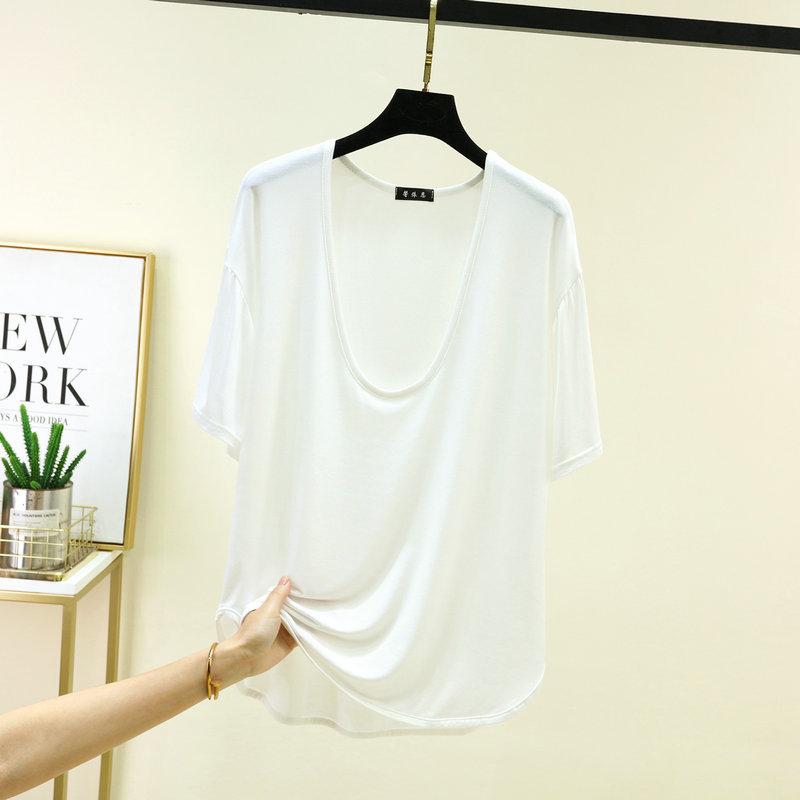 Modal Deep U-Neck Tshirt Summer Loose Short-sleeved T-shirts Simple Thin Tees Casual Tee Tops