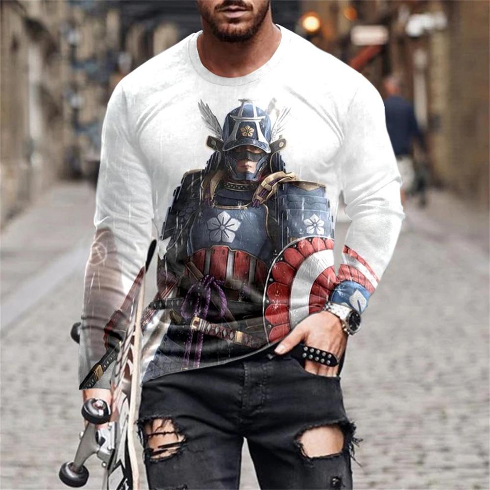 Vintage Men's T-shirt Templar Printed Long Sleeve Tops O-neck Men Clothing Oversized Casual Streetwear Autumn Black Tees