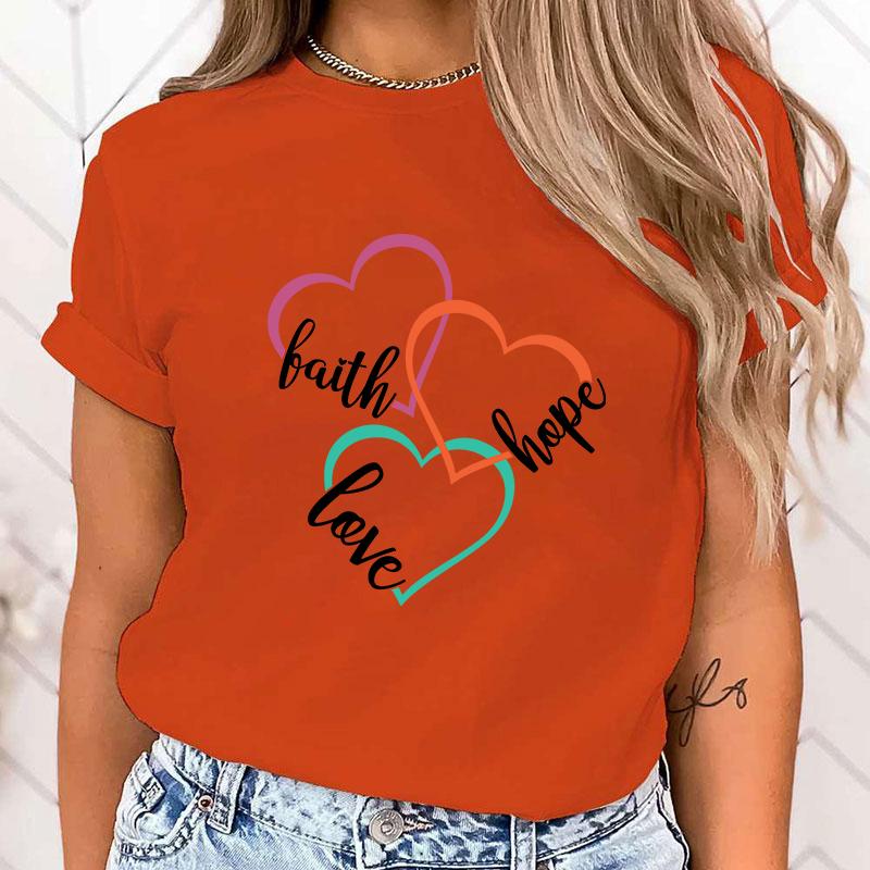 (High Quality Clothes)Funny Breast Cancer Awareness Faith Hope Love Letter Printing T-Shirts For Women Summer Tee Shirt